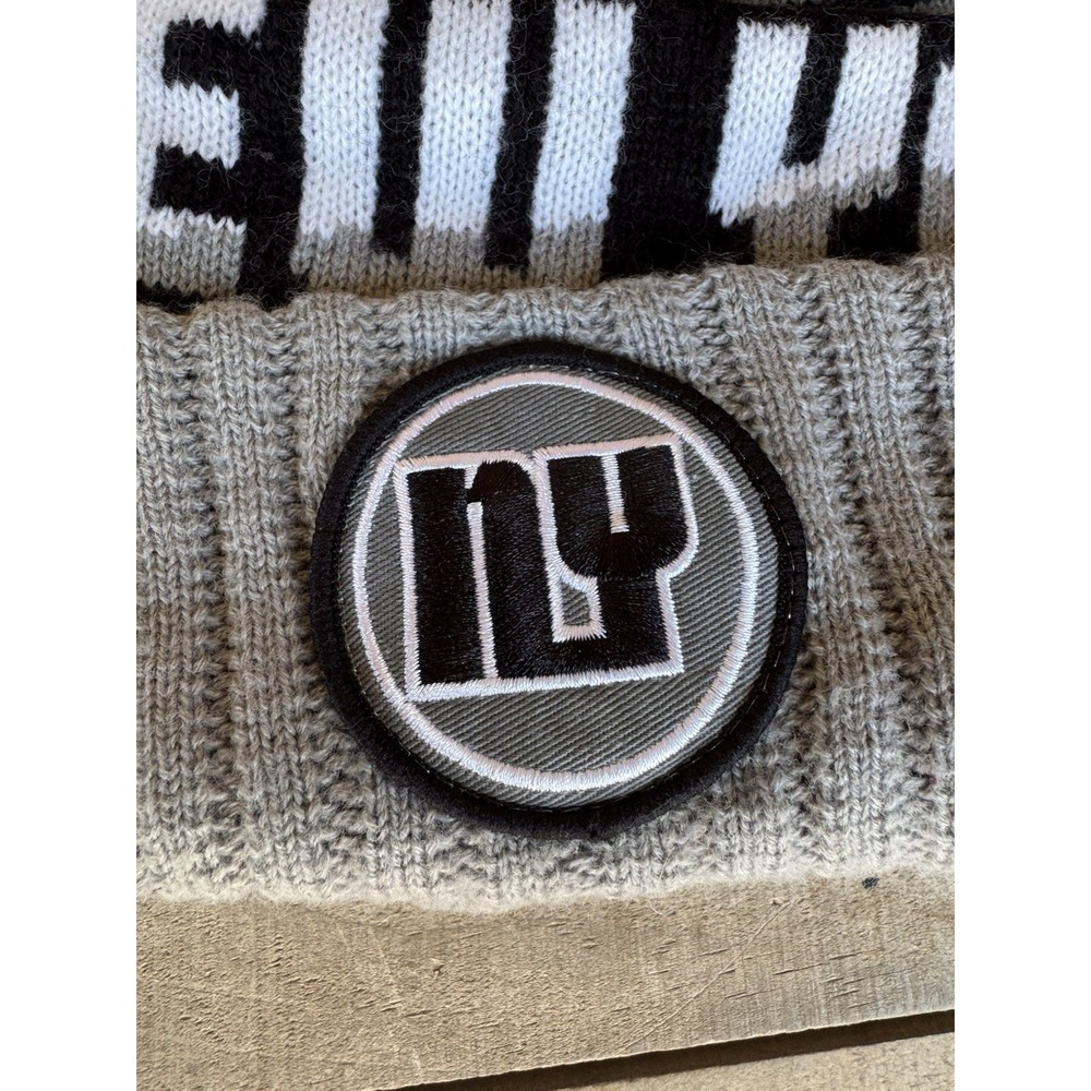 New York Pom Beanie Cap Mens Black Grey Knot Cuffed Seventy Seven Hat - Picture 2 of 7
